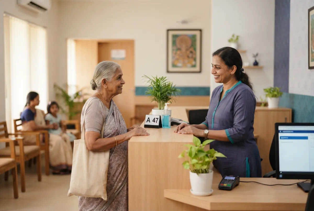 A member of the care team welcoming a patient at the Calicut reception